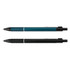 Two metal pens are displayed: one in teal with a textured grip and one in sleek black, both featuring clips and branding.
