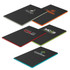 A collection of black notebooks with various coloured edges and logos on the covers.