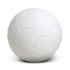 A white soccer ball with black pentagon patterns and visible stitching. The ball features a logo.