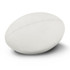 A rugby ball in white, featuring a smooth surface and a rounded shape, with a logo present.