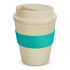 A drink bottle with a natural coloured body and a teal silicone sleeve, featuring a lid and a straw opening.