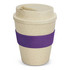 A drink bottle with a natural beige finish and a purple silicone band, featuring a lid and a textured design.