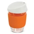 A drink bottle featuring a transparent borosilicate body with an orange silicone sleeve and a white lid.