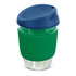 A drink bottle made of transparent borosilicate glass with a green silicone sleeve and a navy blue lid.