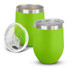 A drink bottle in bright green with a stainless steel base and a clear lid, featuring a logo.