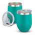 A drink bottle featuring a turquoise powder-coated finish, stainless steel rim, and a clear lid. Two cups are displayed.