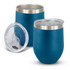 A drink bottle featuring a powder-coated turquoise exterior, stainless steel rim, and a lid with a clear opening.