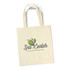A beige tote bag featuring a logo design with green leaves and text. The bag has two sturdy handles.