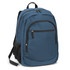 A blue backpack with a black zip pocket, featuring adjustable straps and a mesh side pocket.
