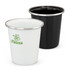 A drink tumbler set featuring a white enamel tumbler with a green logo and a black enamel tumbler with a silver rim.
