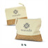 A beige and cork pencil case with a logo, featuring a zip closure. The design is simple and natural in appearance.