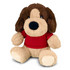 A plush dog toy with brown and beige fur, wearing a red t-shirt, sitting in a playful position.