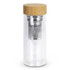 A drink bottle with a clear glass body and a bamboo lid, featuring a stainless steel infuser inside.