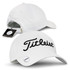 A white golf cap with a branded logo and a magnetic feature in the visor.