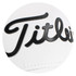 A white cap with a black logo, featuring a sleek design suitable for golf enthusiasts.