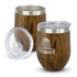 A drink bottle set featuring two wooden-textured vacuum cups with stainless steel accents and clear lids.