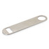A drink bottle opener in stainless steel with a sleek, flat design and two circular openings. It features a logo.