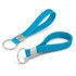 A blue silicone key ring with a debossed design and a metal keyring attachment.