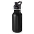 A drink bottle in matte black, featuring a spout and a handle, with a branding logo on the body.