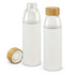 A drink bottle with a transparent glass body and a bamboo lid, protected by a white silicone sleeve.
