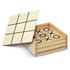 A wooden Tic Tac Toe game featuring a grid cover and pieces marked with 'X' and 'O'. The box is light brown.