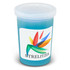 A clear container of blue stress slime featuring a colourful logo on the front.