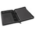 A black A4 portfolio with a zipper, featuring interior pockets and a sleek design for organisation.