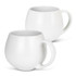 A coffee mug in a rounded design, featuring a glossy white finish and an ergonomic handle. It includes a logo.