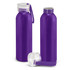 A drink bottle in vibrant purple with a clear screw-on lid and a matching strap. It has a logo on the side.