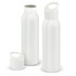 A drink bottle with a sleek white aluminium design, including a removable cap and a logo.
