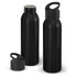A drink bottle in matte black aluminium with a screw-on lid and a removeable cap, featuring a handle.