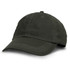 An olive green oilskin cap with stitching details and a curved brim, featuring a logo on the front.