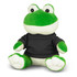 A green plush frog toy wearing a black shirt, sitting with a friendly expression. Features a branding logo.