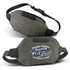 A grey denim-style belt bag featuring an adjustable strap and a logo on the front.