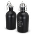 A drink bottle in matte black with a silver lid and a logo on the front. Two bottles are displayed side by side.