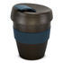 A drink bottle featuring a dark grey body with a blue silicone band and lid. It has a logo.