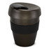 A drink bottle in dark green with a black silicone band and lid, featuring a logo. Capacity is 350ml.