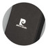 A black key ring with a textured finish and a white logo on its surface.