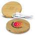 A round bamboo wireless charger in natural colour, featuring a logo and accompanied by a charging cable.