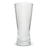 A clear beer glass with a tapered shape and a thick base, featuring a logo.