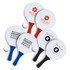 A set of paddle ball games featuring red, blue, black, and white paddles with different logos and a ball.