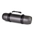 A drink bottle in sleek grey with a sturdy handle and securing straps, featuring a logo.