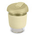 A drink bottle made of clear borosilicate glass with a pale yellow silicone sleeve and a matching lid.