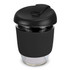 A drink bottle in black borosilicate glass with a matching lid and silicone sleeve for grip. Features a logo.