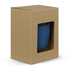 A drink bottle in a blue hue displayed in a cardboard box with a clear window. Contains a logo.