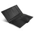 A black leather passport wallet featuring multiple card slots and a secure closure. It has a textured finish and a logo.
