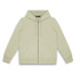 A light green unisex hoodie with a zip front, drawstring hood, and front pockets. Features a logo.