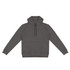 A unisex hoodie in dark grey featuring a front pocket and a drawstring hood. Includes a logo on the garment.