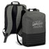 A green and black backpack featuring a logo on the front and padded shoulder straps.