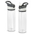 A drink bottle featuring a clear body with grey accents, a flip-top lid, and a reusable straw.